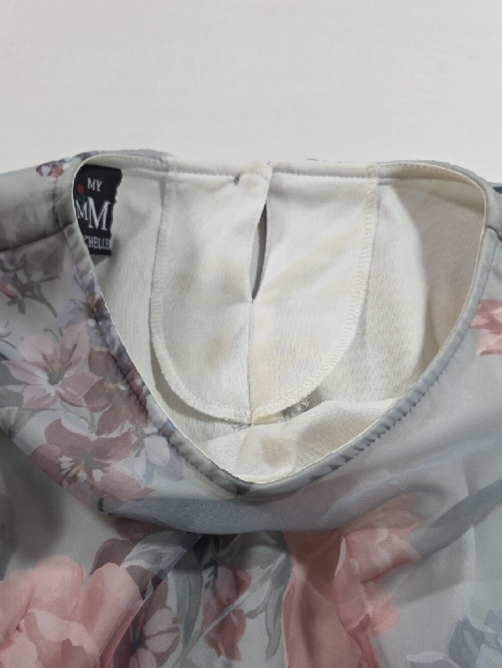 Vintage Floral Maxi Dress Dusty Blue Pink Blooms Sheer Overlay Stretch Bridal - Picture 8 of 9